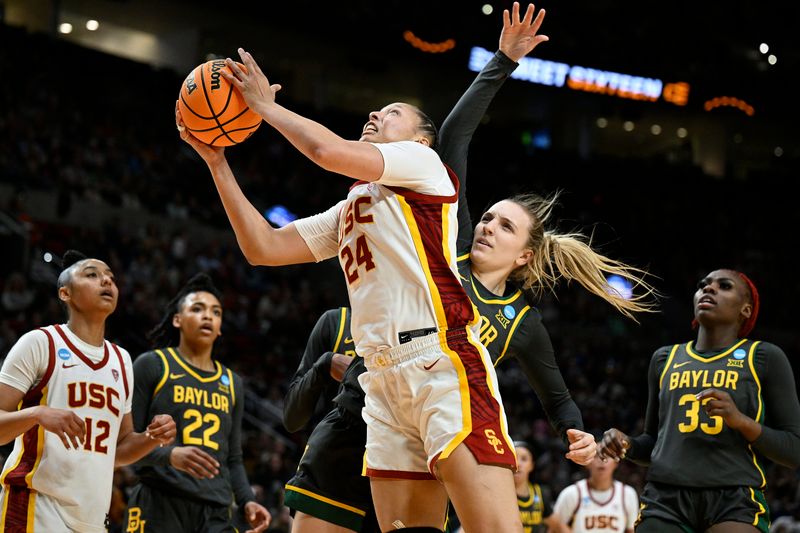 Mar 30, 2024; Portland, OR, USA; USC Trojans forward Kaitlyn Davis (24) is fouled by Baylor Lady Bears guard Denae Fritz (1) during the second half in the semifinals of the Portland Regional of the 2024 NCAA Tournament at the Moda Center. Mandatory Credit: Troy Wayrynen-USA TODAY Sports