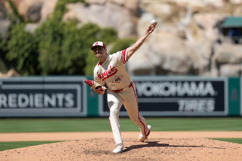 Jun 8, 2025; Anaheim, California, USA; Los Angeles Angels relief pitcher Brock Burke (46) throws in the ninth inning against the Seattle Mariners  at Angel Stadium. Mandatory Credit: Kirby Lee-Imagn Images