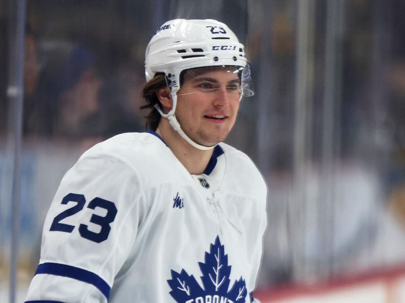 Nov 29, 2025; Pittsburgh, Pennsylvania, USA;  Toronto Maple Leafs left wing Matthew Knies (23) warms up before the game against the Pittsburgh Penguins at PPG Paints Arena. Mandatory Credit: Charles LeClaire-Imagn Images