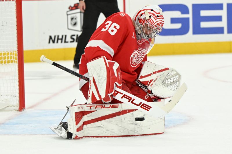 Nov 28, 2025; Detroit, Michigan, USA; Detroit Red Wings goaltender John Gibson (36) stops a shot on goal against the Tampa Bay Lightning  in the first period at Little Caesars Arena. Mandatory Credit: Lon Horwedel-Imagn Images