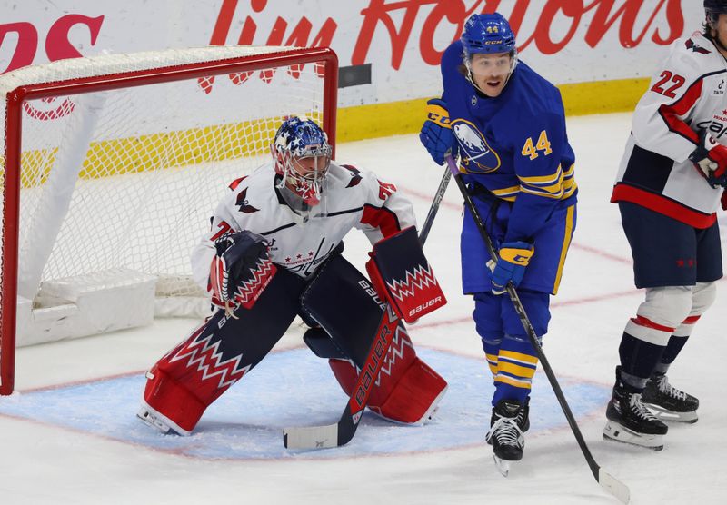 Nov 1, 2025; Buffalo, New York, USA;  Washington Capitals goaltender Charlie Lindgren (79) and Buffalo Sabres center Josh Dunne (44) look for the puck during the second period at KeyBank Center. Mandatory Credit: Timothy T. Ludwig-Imagn Images