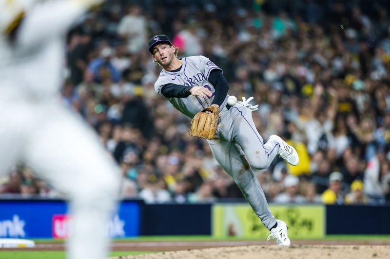Apr 12, 2025; San Diego, California, USA; Colorado Rockies third baseman Ryan McMahon (24) makes the throw to first for an out during the eighth inning against the San Diego Padres at Petco Park. Mandatory Credit: David Frerker-Imagn Images