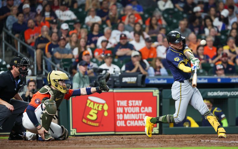 May 17, 2024; Houston, Texas, USA;  Milwaukee Brewers third baseman Joey Ortiz (3) hits a three-run home run against the Houston Astros in the fourth inning at Minute Maid Park. Mandatory Credit: Thomas Shea-USA TODAY Sports