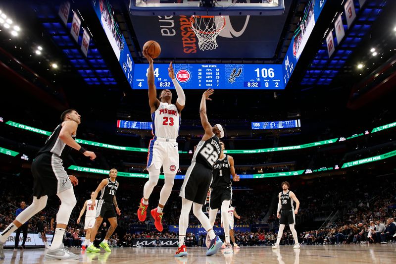 DETROIT, MI - JANUARY 10:  Jaden Ivey #23 of the Detroit Pistons drives to the basket during the game against the San Antonio Spurs on January 10, 2024 at Little Caesars Arena in Detroit, Michigan. NOTE TO USER: User expressly acknowledges and agrees that, by downloading and/or using this photograph, User is consenting to the terms and conditions of the Getty Images License Agreement. Mandatory Copyright Notice: Copyright 2024 NBAE (Photo by Brian Sevald/NBAE via Getty Images)