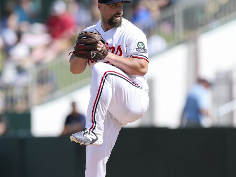 Feb 27, 2026; Fort Myers, Florida, USA; Minnesota Twins pitcher Dan Altavilla (53) throws a pitch against the New York Yankees in the third inning during spring training at Lee Health Sports Complex/Hammond Stadium. Mandatory Credit: Nathan Ray Seebeck-Imagn Images
