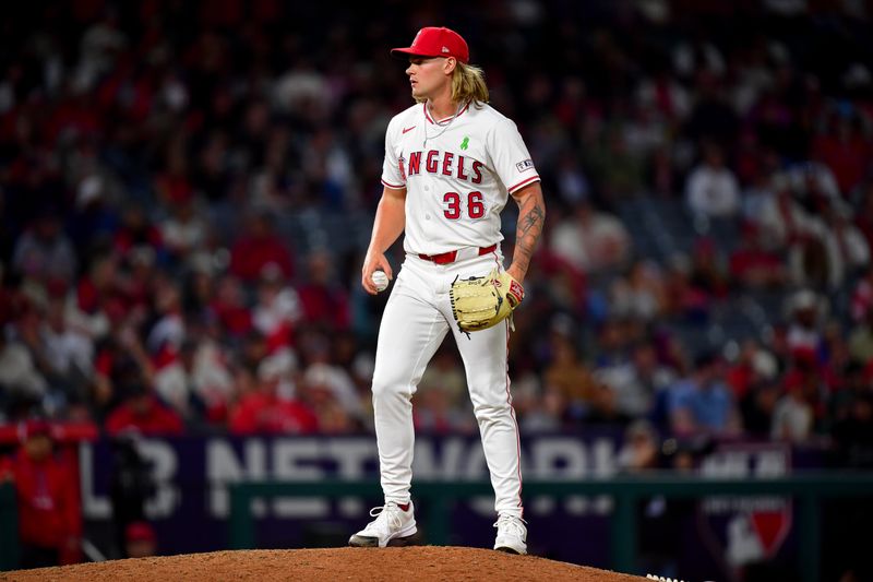 May 24, 2025; Anaheim, California, USA; Los Angeles Angels pitcher Caden Dana (36) against the Miami Marlins during the seventh inning at Angel Stadium. Mandatory Credit: Gary A. Vasquez-Imagn Images
