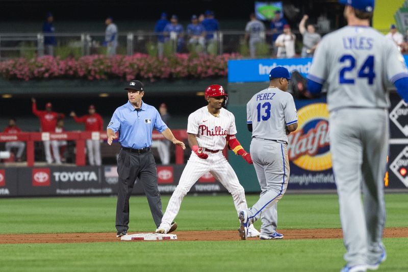 Aug 4, 2023; Philadelphia, Pennsylvania, USA; Philadelphia Phillies center fielder Johan Rojas (18) reacts at second base after hitting a two RBI double during the fourth inning against the Kansas City Royals at Citizens Bank Park. Mandatory Credit: Bill Streicher-USA TODAY Sports