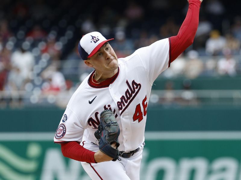 Apr 16, 2023; Washington, District of Columbia, USA; Washington Nationals starting pitcher Patrick Corbin (46) pitches against the Cleveland Guardians during the first inning at Nationals Park. Mandatory Credit: Geoff Burke-USA TODAY Sports