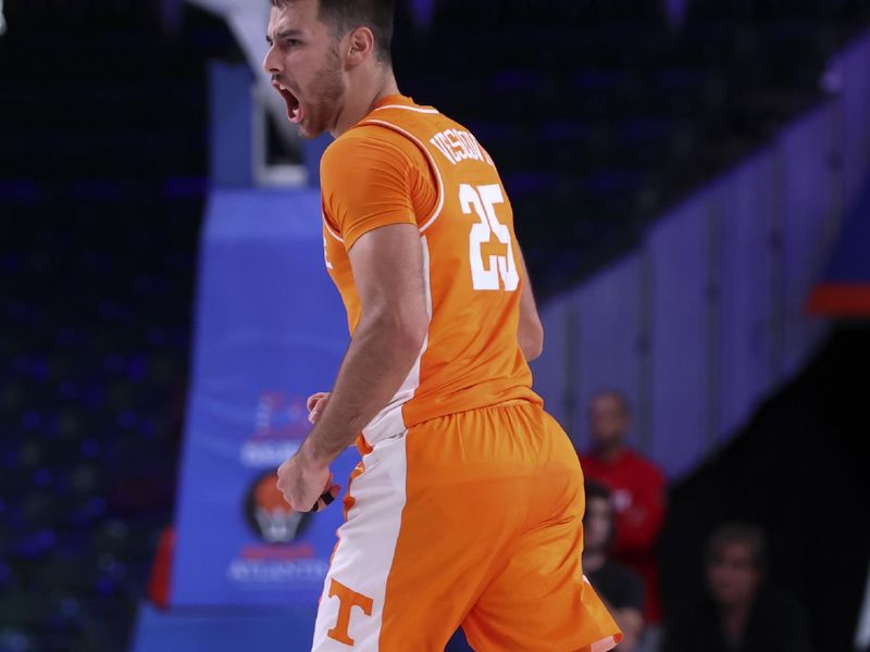 Nov 24, 2022; Paradise Island, BAHAMAS; Tennessee Volunteers guard Santiago Vescovi (25) reacts after scoring during the game against the USC Trojans at Imperial Arena. Mandatory Credit: Kevin Jairaj-USA TODAY Sports