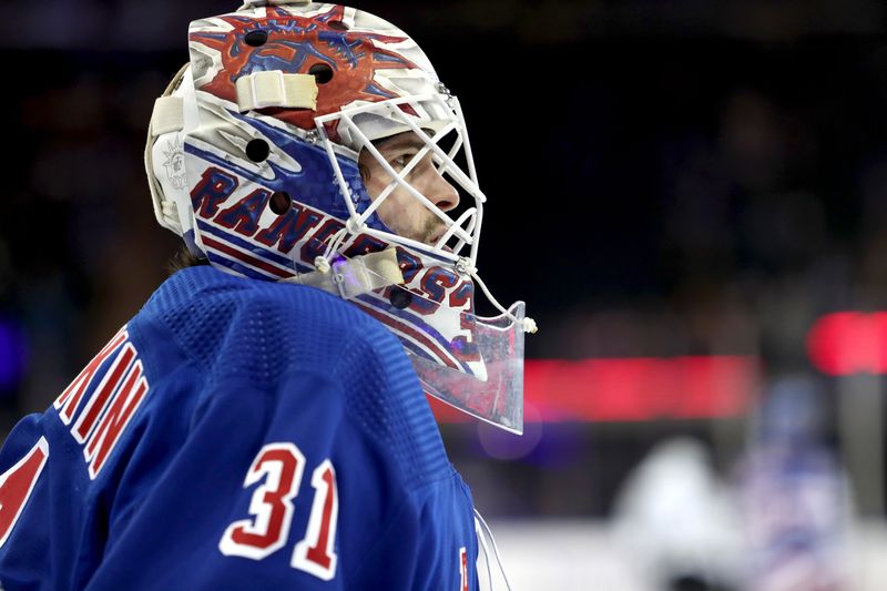 Nov 25, 2023; New York, New York, USA; New York Rangers goalie Igor Shesterkin (31) warms up before the first period against the Boston Bruins at Madison Square Garden. Mandatory Credit: Danny Wild-USA TODAY Sports