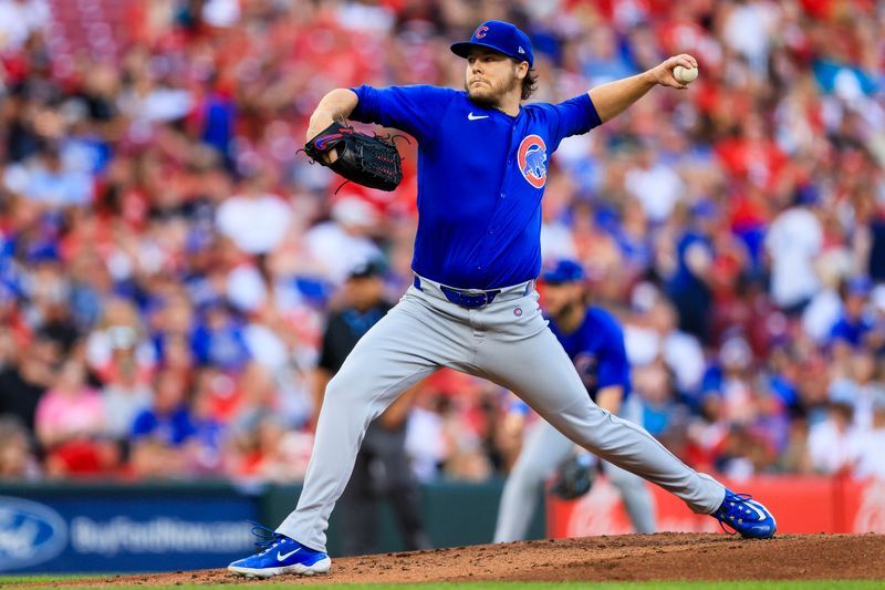 Jun 7, 2024; Cincinnati, Ohio, USA; Chicago Cubs starting pitcher Justin Steele (35) pitches against the Cincinnati Reds in the first inning at Great American Ball Park. Mandatory Credit: Katie Stratman-USA TODAY Sports