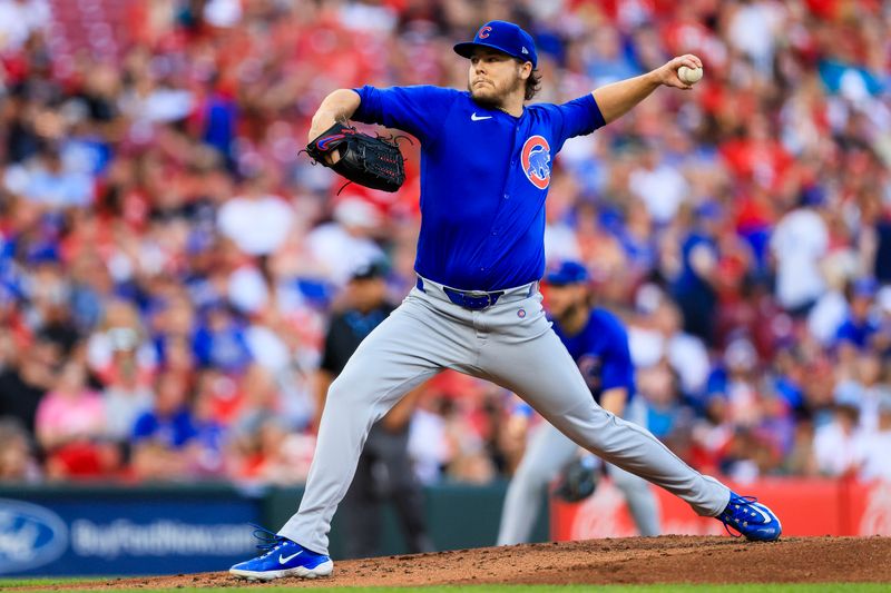 Jun 7, 2024; Cincinnati, Ohio, USA; Chicago Cubs starting pitcher Justin Steele (35) pitches against the Cincinnati Reds in the first inning at Great American Ball Park. Mandatory Credit: Katie Stratman-USA TODAY Sports