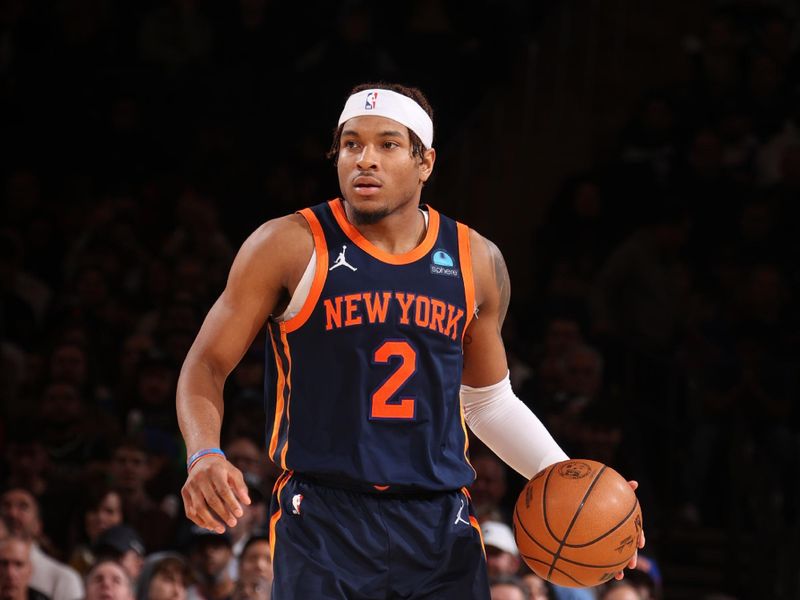 NEW YORK, NY - APRIL 4: Miles McBride #2 of the New York Knicks dribbles the ball during the game against the Sacramento Kings on April 4, 2024 at Madison Square Garden in New York City, New York.  NOTE TO USER: User expressly acknowledges and agrees that, by downloading and or using this photograph, User is consenting to the terms and conditions of the Getty Images License Agreement. Mandatory Copyright Notice: Copyright 2024 NBAE  (Photo by Nathaniel S. Butler/NBAE via Getty Images)