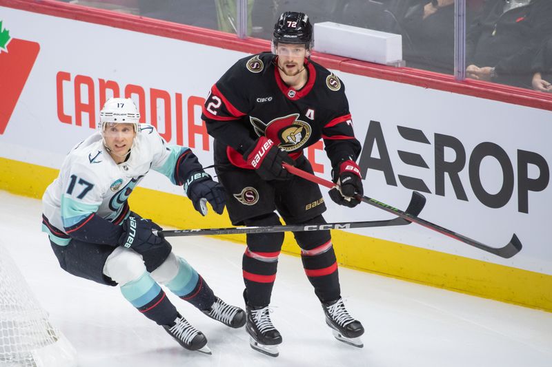 Nov 2, 2024; Ottawa, Ontario, CAN; Seattle Kraken center Jaden Schwartz (17) and Ottawa Senators defenseman Thomas Chabot (72) skate in the third period at the Canadian Tire Centre. Mandatory Credit: Marc DesRosiers-Imagn Images