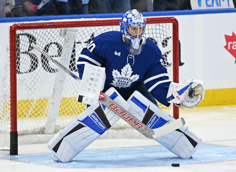 Oct 25, 2025; Toronto, Ontario, CAN; Toronto Maple Leafs goalie Cayden Primeau (30) in warmups against the Buffalo Sabres at Scotiabank Arena. Mandatory Credit: Gerry Angus-Imagn Images