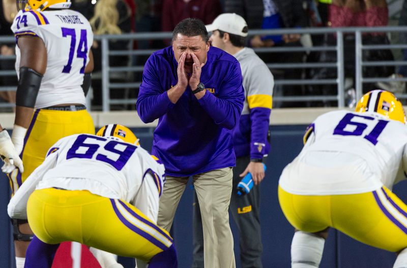 Nov 16, 2019; Oxford, MS, USA; LSU Tigers head coach Ed Orgeron before the game against the Mississippi Rebels at Vaught-Hemingway Stadium. Mandatory Credit: Justin Ford-USA TODAY Sports