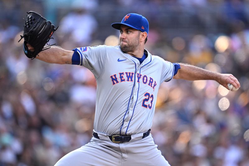 Aug 24, 2024; San Diego, California, USA; New York Mets starting pitcher David Peterson (23) pitches against the San Diego Padres during the first inning at Petco Park. Mandatory Credit: Orlando Ramirez-USA TODAY Sports