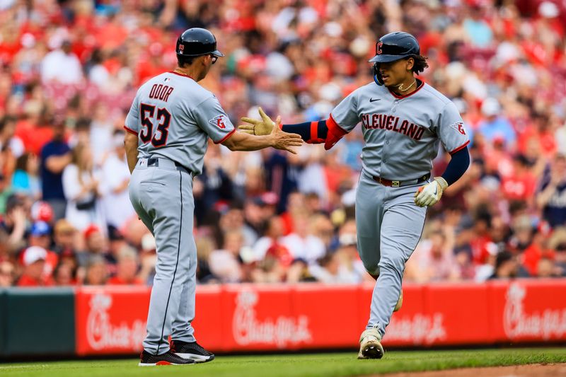 May 16, 2025; Cincinnati, Ohio, USA; Cleveland Guardians catcher Bo Naylor (23) high fives third base coach Rouglas Odor (53) after hitting a solo home run in the fifth inning against the Cincinnati Reds at Great American Ball Park. Mandatory Credit: Katie Stratman-Imagn Images