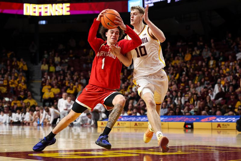 Feb 8, 2026; Minneapolis, Minnesota, USA; Maryland Terrapins guard Darius Adams (1) works around Minnesota Golden Gophers forward Cade Tyson (10) during the second half at Williams Arena. Mandatory Credit: Matt Krohn-Imagn Images