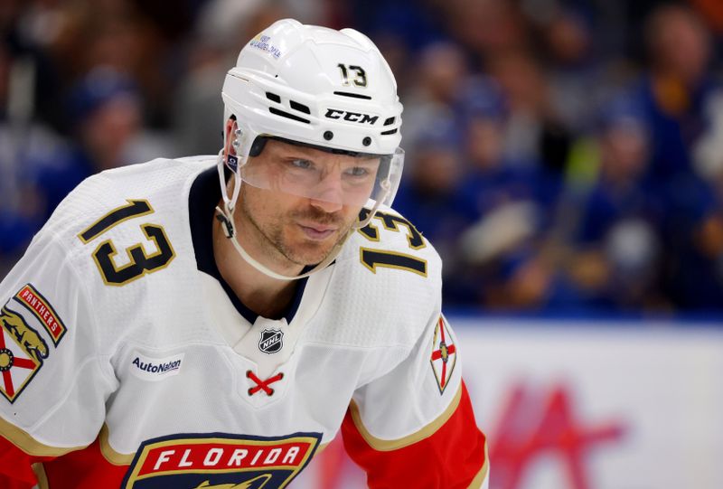 Feb 15, 2024; Buffalo, New York, USA;  Florida Panthers center Sam Reinhart (13) waits for the face-off during the third period against the Buffalo Sabres at KeyBank Center. Mandatory Credit: Timothy T. Ludwig-USA TODAY Sports