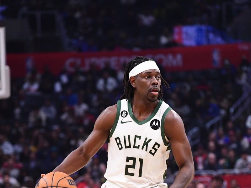 LOS ANGELES, CA - FEBRUARY 10: Jrue Holiday #21 of the Milwaukee Bucks dribbles the ball during the game against the LA Clippers on February 10, 2023 at Crypto.Com Arena in Los Angeles, California. NOTE TO USER: User expressly acknowledges and agrees that, by downloading and/or using this Photograph, user is consenting to the terms and conditions of the Getty Images License Agreement. Mandatory Copyright Notice: Copyright 2023 NBAE (Photo by Adam Pantozzi/NBAE via Getty Images)