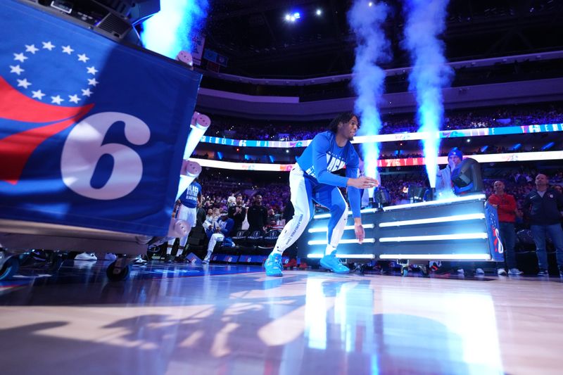 PHILADELPHIA, PA - FEBRUARY 25: Tyrese Maxey #0 of the Philadelphia 76ers is introduced before the game against the Milwaukee Bucks on February 25, 2024 at the Wells Fargo Center in Philadelphia, Pennsylvania NOTE TO USER: User expressly acknowledges and agrees that, by downloading and/or using this Photograph, user is consenting to the terms and conditions of the Getty Images License Agreement. Mandatory Copyright Notice: Copyright 2024 NBAE (Photo by Jesse D. Garrabrant/NBAE via Getty Images)