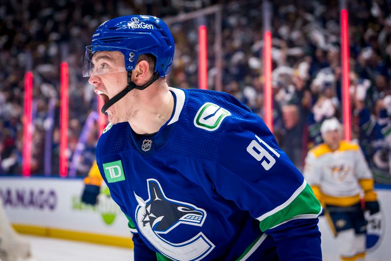 Apr 30, 2024; Vancouver, British Columbia, CAN; Vancouver Canucks defenseman Nikita Zadorov (91) celebrates his goal against the Nashville Predators during the third period in game five of the first round of the 2024 Stanley Cup Playoffs at Rogers Arena. Mandatory Credit: Bob Frid-USA TODAY Sports