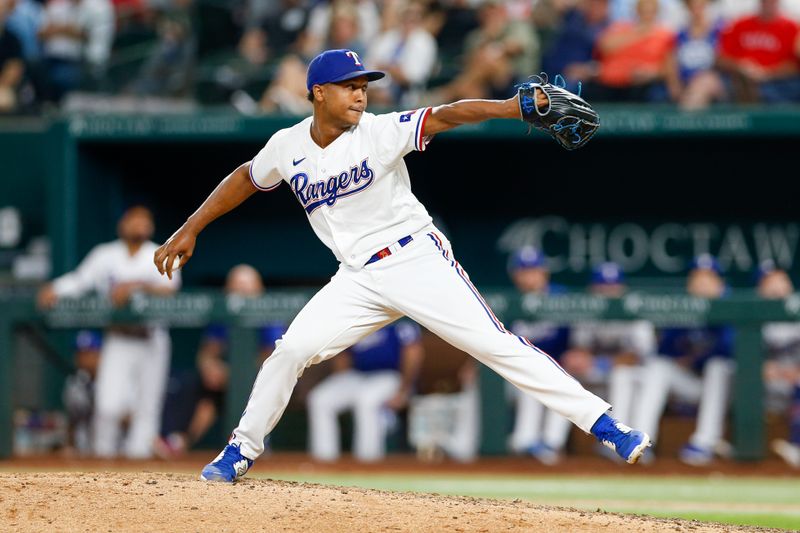 Sep 19, 2023; Arlington, Texas, USA; Texas Rangers relief pitcher Jose Leclerc (25) throws during the ninth inning against the Boston Red Sox at Globe Life Field. Mandatory Credit: Andrew Dieb-USA TODAY Sports