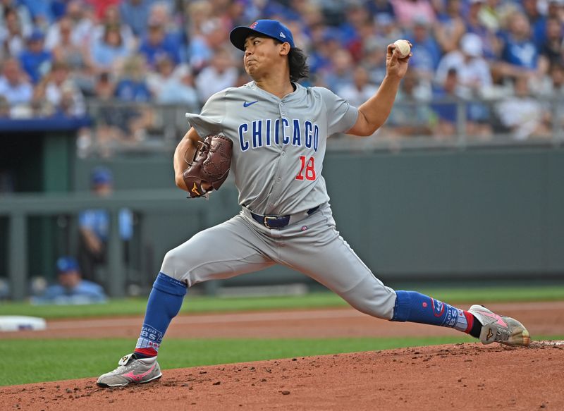 Jul 27, 2024; Kansas City, Missouri, USA;  Chicago Cubs starting pitcher Shota Imanaga (18) delivers a pitch in the first inning against the Kansas City Royals at Kauffman Stadium. Mandatory Credit: Peter Aiken-USA TODAY Sports