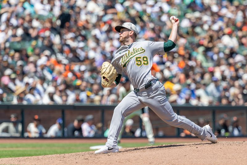 May 18, 2025; San Francisco, California, USA; Oakland Athletics pitcher Jeffrey Springs (59) throws a pitch during the sixth inning against the San Francisco Giants at Oracle Park. Mandatory Credit: Bob Kupbens-Imagn Images