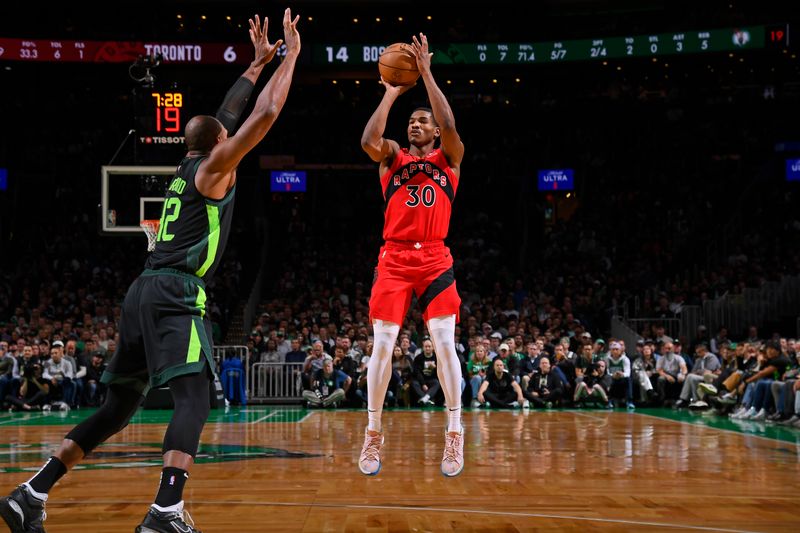 BOSTON, MA - NOVEMBER 16: Ochai Agbaji #30 of the Toronto Raptors shoots a three point basket during the game against the Boston Celtics on November 16, 2024 at TD Garden in Boston, Massachusetts. NOTE TO USER: User expressly acknowledges and agrees that, by downloading and/or using this Photograph, user is consenting to the terms and conditions of the Getty Images License Agreement. Mandatory Copyright Notice: Copyright 2024 NBAE (Photo by Brian Babineau/NBAE via Getty Images)