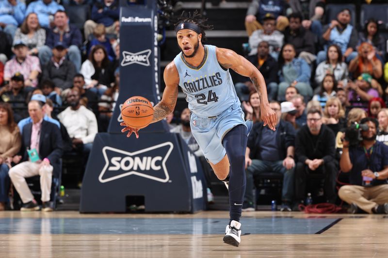 MEMPHIS, TN - MARCH 2: Lamar Stevens #24 of the Memphis Grizzlies dribbles the ball during the game against the Portland Trail Blazers on March 2, 2024 at FedExForum in Memphis, Tennessee. NOTE TO USER: User expressly acknowledges and agrees that, by downloading and or using this photograph, User is consenting to the terms and conditions of the Getty Images License Agreement. Mandatory Copyright Notice: Copyright 2024 NBAE (Photo by Joe Murphy/NBAE via Getty Images)