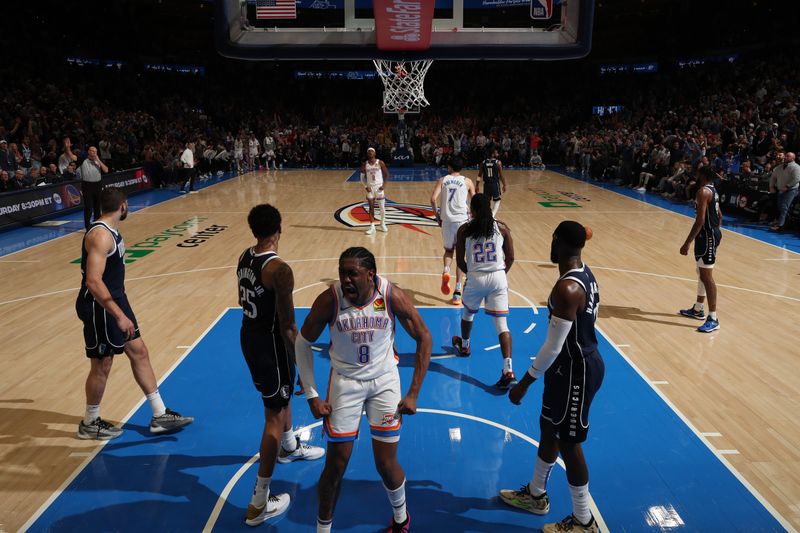 OKLAHOMA CITY, OK - MARCH 14: Jalen Williams #8 of the Oklahoma City Thunder celebrates during the game against the Dallas Mavericks on March 13, 2024 at Paycom Arena in Oklahoma City, Oklahoma. NOTE TO USER: User expressly acknowledges and agrees that, by downloading and or using this photograph, User is consenting to the terms and conditions of the Getty Images License Agreement. Mandatory Copyright Notice: Copyright 2024 NBAE (Photo by Zach Beeker/NBAE via Getty Images)