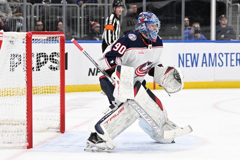 Jan 30, 2024; St. Louis, Missouri, USA; Columbus Blue Jackets goaltender Elvis Merzlikins (90) defends the net against the St. Louis Blues during the second period at Enterprise Center. Mandatory Credit: Jeff Le-USA TODAY Sports