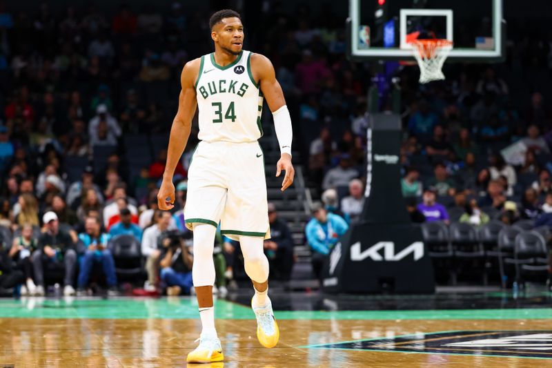 CHARLOTTE, NORTH CAROLINA - NOVEMBER 16: Giannis Antetokounmpo #34 of the Milwaukee Bucks walks down the court during the second half of a basketball game against the Charlotte Hornets at Spectrum Center on November 16, 2024 in Charlotte, North Carolina. NOTE TO USER: User expressly acknowledges and agrees that, by downloading and or using this photograph, User is consenting to the terms and conditions of the Getty Images License Agreement. (Photo by David Jensen/Getty Images)