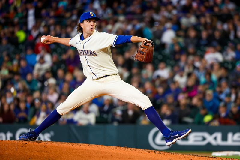 Apr 28, 2024; Seattle, Washington, USA; Seattle Mariners starting pitcher Logan Gilbert (36) throws against the Arizona Diamondbacks during the third inning at T-Mobile Park. Mandatory Credit: Joe Nicholson-USA TODAY Sports