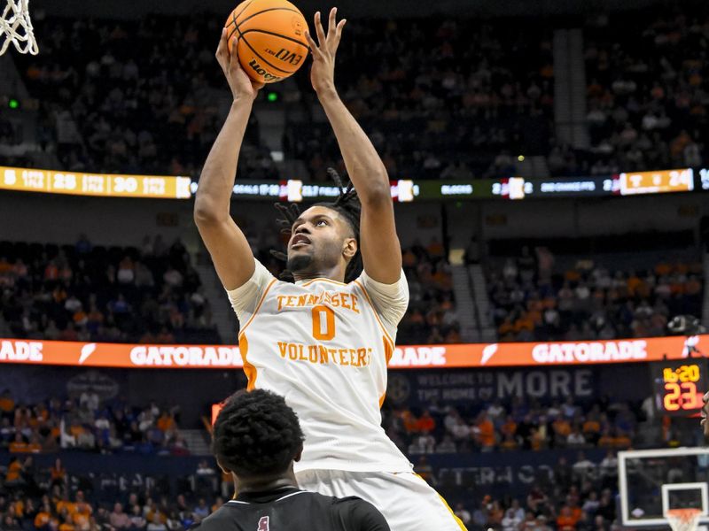 Mar 15, 2024; Nashville, TN, USA; Tennessee Volunteers forward Jonas Aidoo (0) shoots the ball against the Mississippi State Bulldogs during the second half at Bridgestone Arena. Mandatory Credit: Steve Roberts-USA TODAY Sports