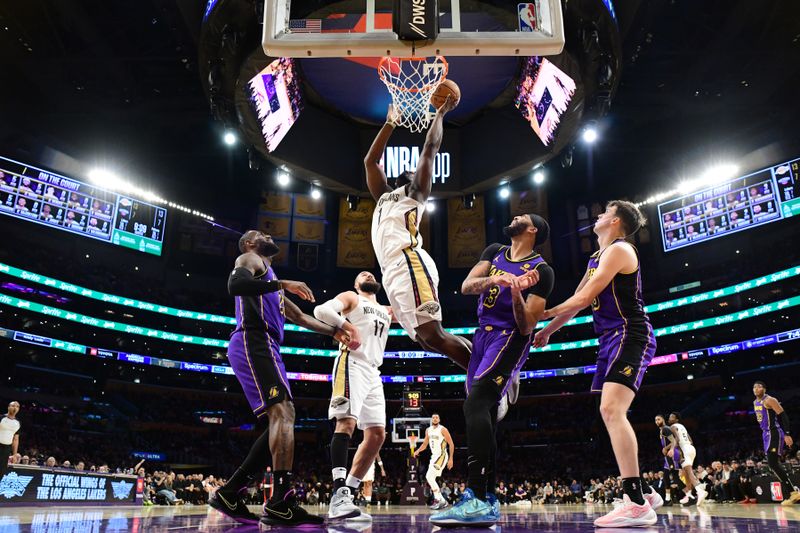 LOS ANGELES, CA - FEBRUARY 9:  Zion Williamson #1 of the New Orleans Pelicans drives to the basket during the game against the Los Angeles Lakers on February 9, 2024 at Crypto.Com Arena in Los Angeles, California. NOTE TO USER: User expressly acknowledges and agrees that, by downloading and/or using this Photograph, user is consenting to the terms and conditions of the Getty Images License Agreement. Mandatory Copyright Notice: Copyright 2024 NBAE (Photo by Adam Pantozzi/NBAE via Getty Images)