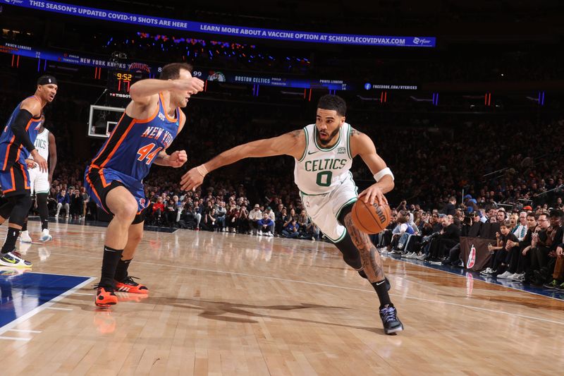 NEW YORK, NY - FEBRUARY 24: Jayson Tatum #0 of the Boston Celtics dribbles the ball during the game against the New York Knicks on February 24, 2024 at Madison Square Garden in New York City, New York.  NOTE TO USER: User expressly acknowledges and agrees that, by downloading and or using this photograph, User is consenting to the terms and conditions of the Getty Images License Agreement. Mandatory Copyright Notice: Copyright 2024 NBAE  (Photo by Nathaniel S. Butler/NBAE via Getty Images)