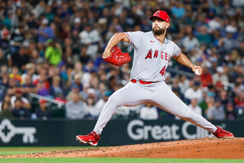 Sep 12, 2023; Seattle, Washington, USA; Los Angeles Angels starting pitcher Patrick Sandoval (43) throws against the Seattle Mariners during the third inning at T-Mobile Park. Mandatory Credit: Joe Nicholson-USA TODAY Sports
