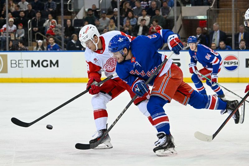 Oct 14, 2024; New York, New York, USA;  Detroit Red Wings left wing Lucas Raymond (23) and New York Rangers defenseman Adam Fox (23) battle for the puck during the second period at Madison Square Garden. Mandatory Credit: Dennis Schneidler-Imagn Images