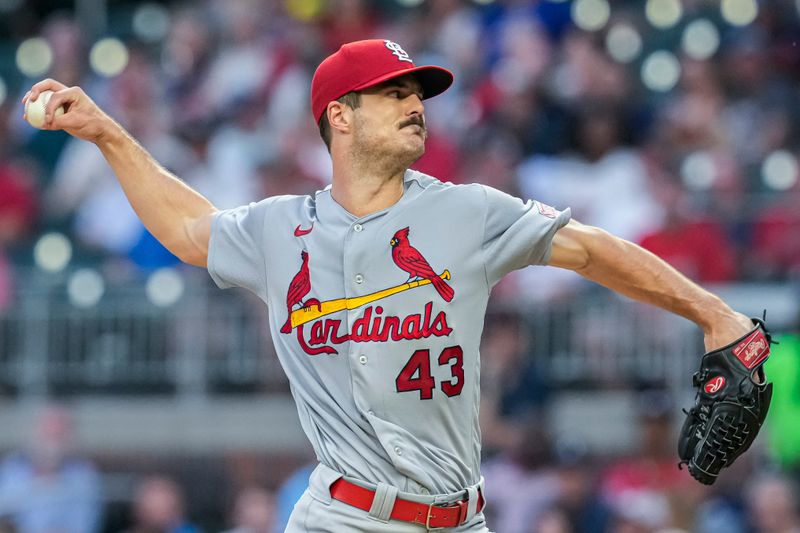 Sep 6, 2023; Cumberland, Georgia, USA; St. Louis Cardinals starting pitcher Dakota Hudson (43) pitches against the Atlanta Braves during the first inning at Truist Park. Mandatory Credit: Dale Zanine-USA TODAY Sports