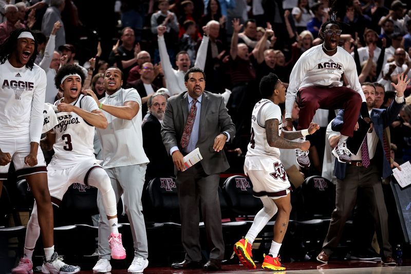 Jan 18, 2023; College Station, Texas, USA; Members of the Texas A&M Aggies bench react after a slam dunk by Texas A&M Aggies guard Tyrece Radford (23, not shown) against the Florida Gators during the second half at Reed Arena. Mandatory Credit: Erik Williams-USA TODAY Sports
