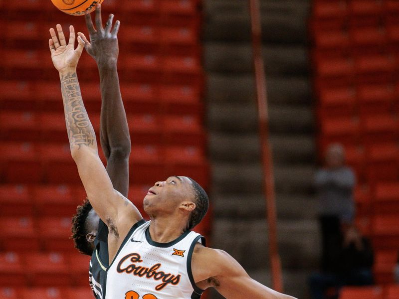 Feb 28, 2024; Stillwater, Oklahoma, USA; Oklahoma State Cowboys center Brandon Garrison (23)  in action at Gallagher-Iba Arena. Mandatory Credit: William Purnell-USA TODAY Sports