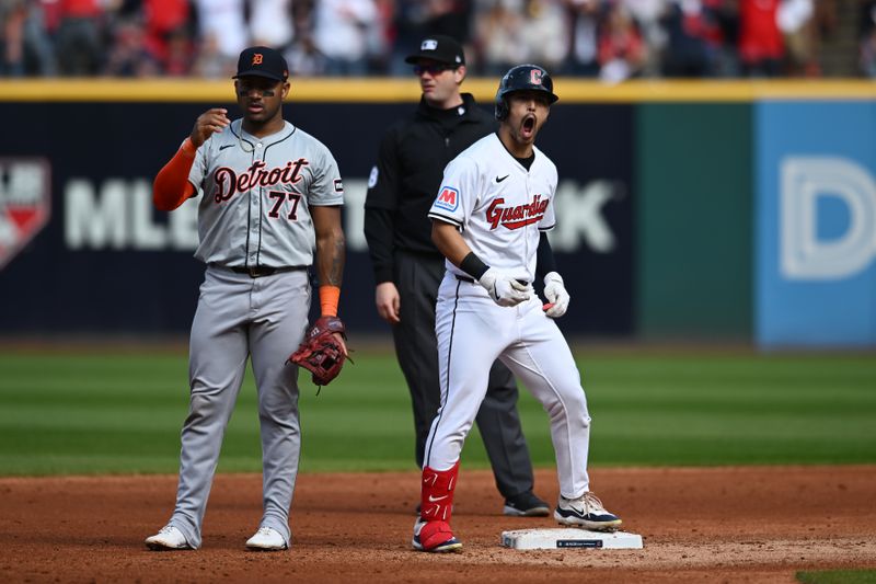 Oct 12, 2024; Cleveland, Ohio, USA; Cleveland Guardians outfielder Steven Kwan (38) celebrates a double in the third inning against the Detroit Tigers during game five of the ALDS for the 2024 MLB Playoffs at Progressive Field. Mandatory Credit: Ken Blaze-Imagn Images