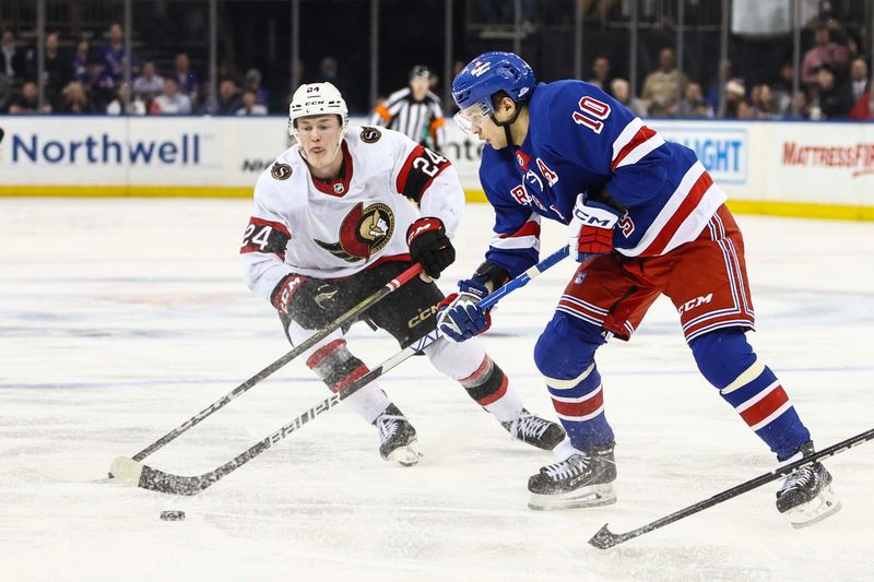 Apr 15, 2024; New York, New York, USA;  Ottawa Senators defenseman Jacob Bernard-Docker (24) and New York Rangers left wing Artemi Panarin (10) battle for control of the puck in the third period at Madison Square Garden. Mandatory Credit: Wendell Cruz-USA TODAY Sports