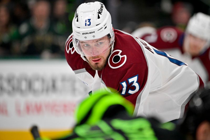 Nov 29, 2024; Dallas, Texas, USA; Colorado Avalanche right wing Valeri Nichushkin (13) waits for the face-off against the Dallas Stars during the third period at the American Airlines Center. Mandatory Credit: Jerome Miron-Imagn Images