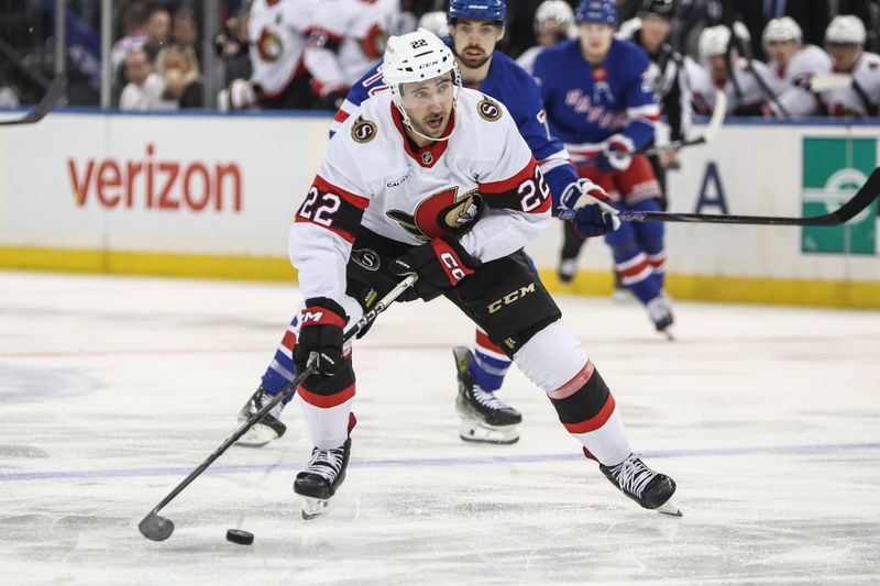 Nov 1, 2024; New York, New York, USA; Ottawa Senators right wing Michael Amadio (22) controls the puck in the first period against the New York Rangers at Madison Square Garden. Mandatory Credit: Wendell Cruz-Imagn Images