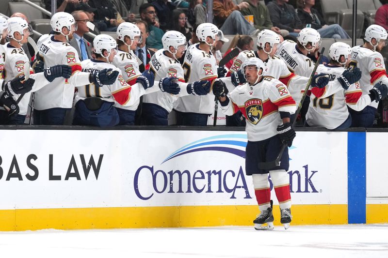 Nov 8, 2025; San Jose, California, USA; Florida Panthers left wing Brad Marchand (facing camera) celebrates with teammates after scoring a goal against the San Jose Sharks during the second period at SAP Center at San Jose. Mandatory Credit: Darren Yamashita-Imagn Images