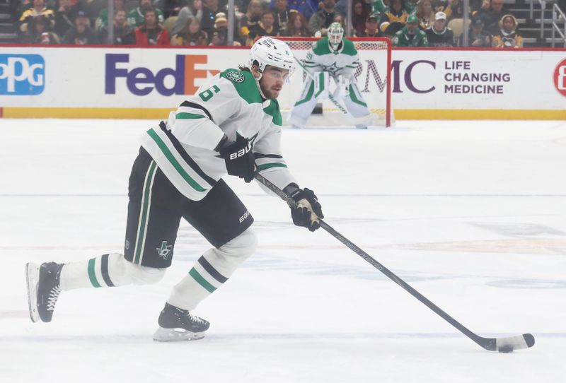 Mar 28, 2026; Pittsburgh, Pennsylvania, USA;  Dallas Stars defenseman Lian Bichsel (6) skates with the puck against the Pittsburgh Penguins during the second period at PPG Paints Arena. Mandatory Credit: Charles LeClaire-Imagn Images